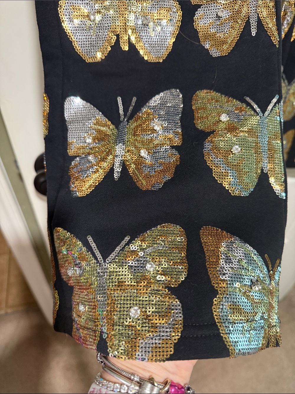 QUEEN OF SPARKLES Black Joggers with Gold Sequin Butterflies - Picture 3 of 4